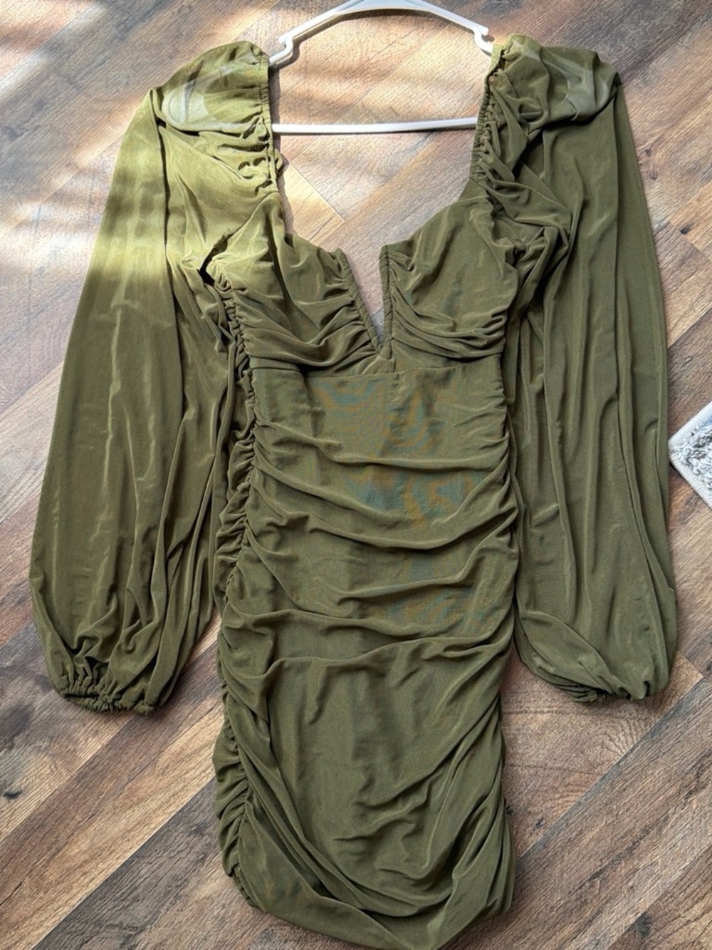 Olive Green Ruched Long-Sleeve Mini Dress